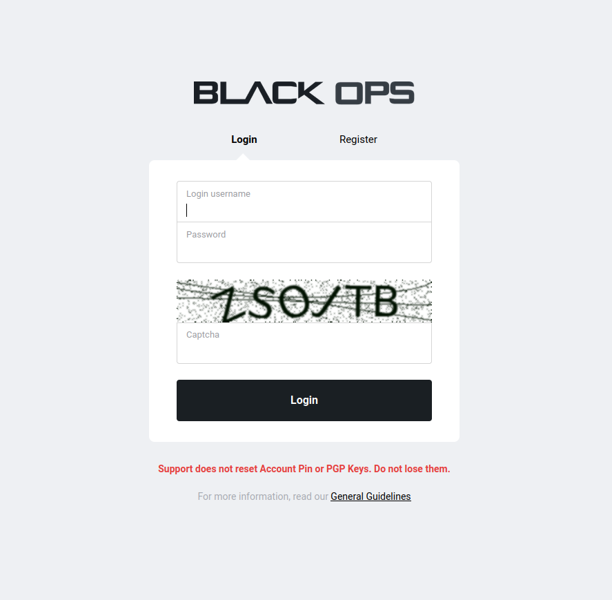 BlackOps Market registration and login - secure account creation with PGP verification