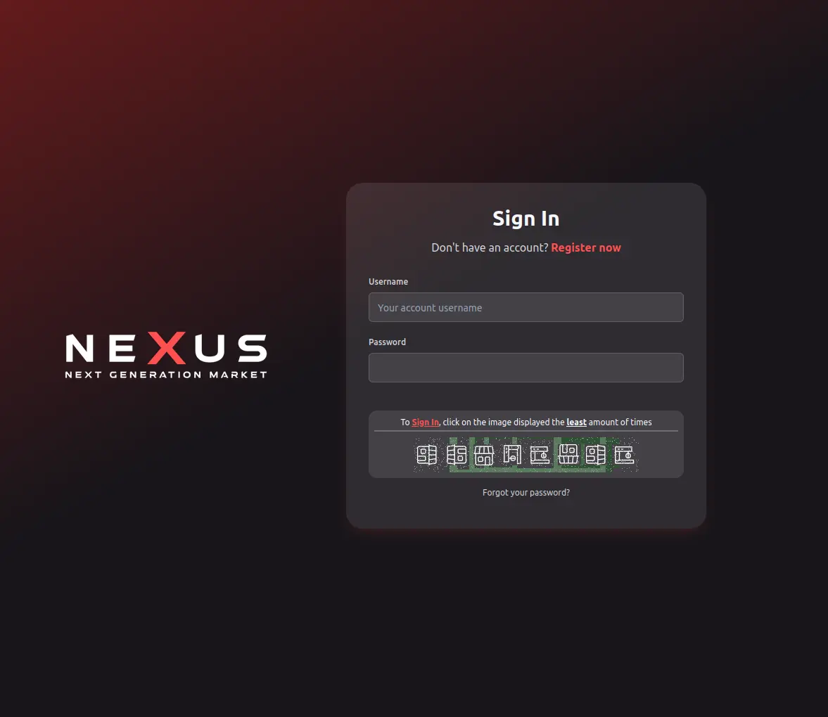 Nexus Market login interface - cyberpunk neon design with secure authentication