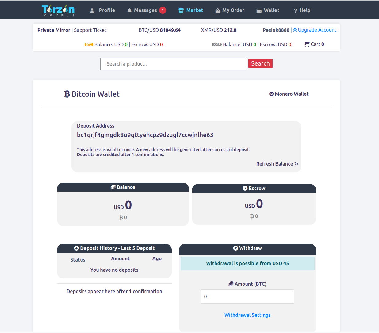 Torzon Market cryptocurrency wallet interface - secure BTC and XMR payment management
